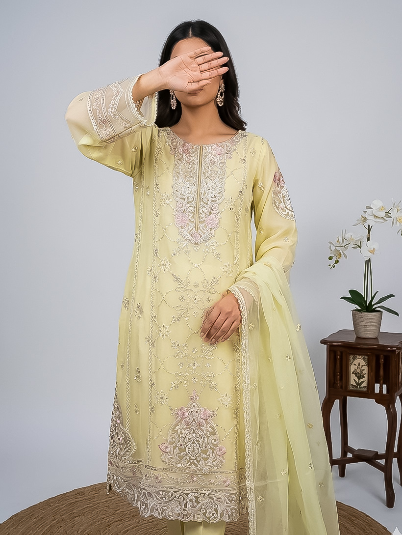 soft lemon yellow organza suit
