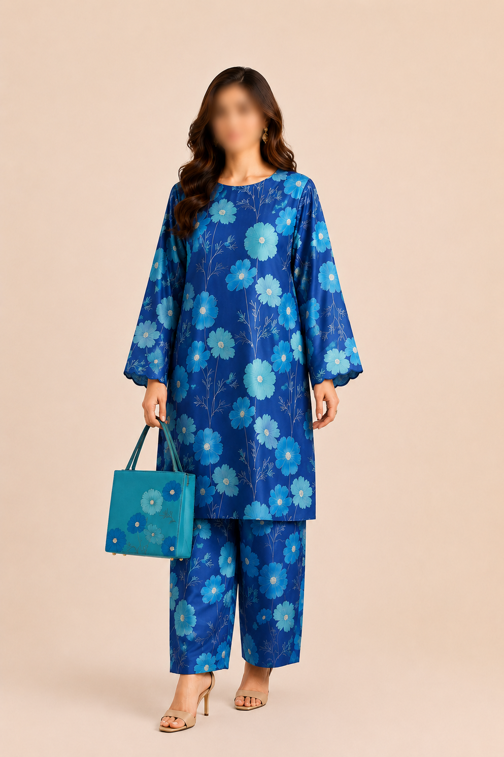 blue floral printed classic lawn suit