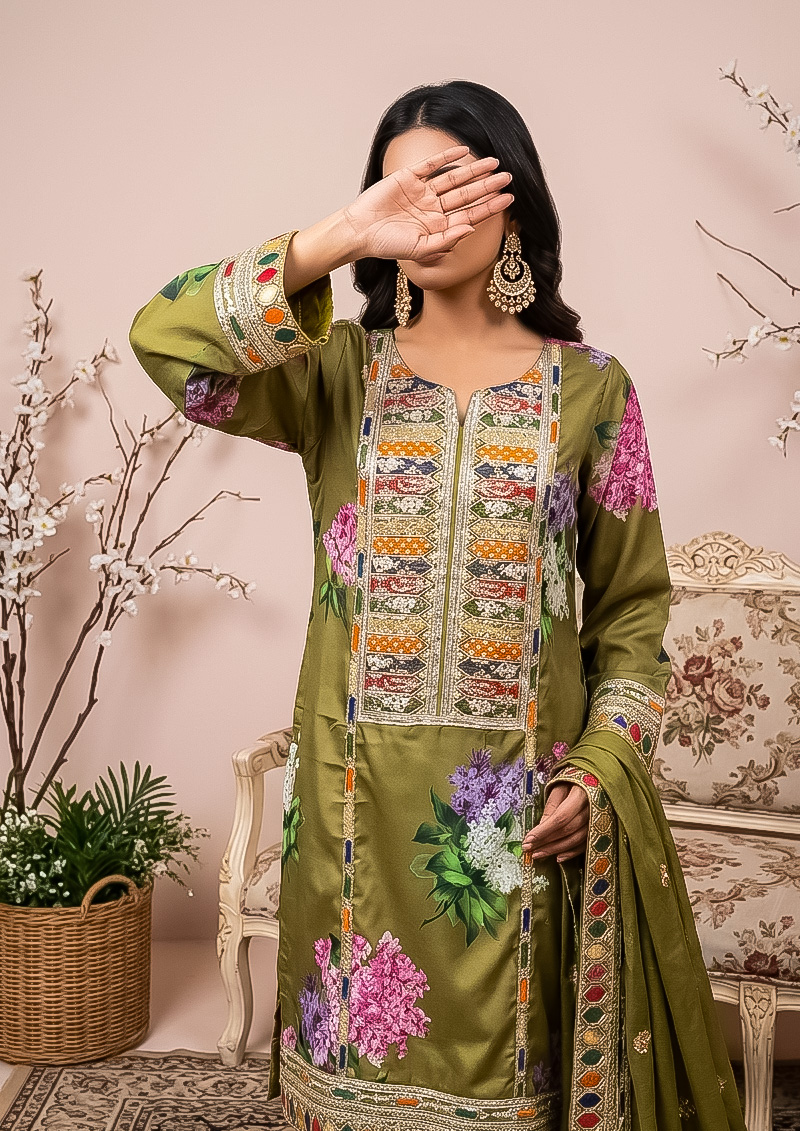 black silk printed suit