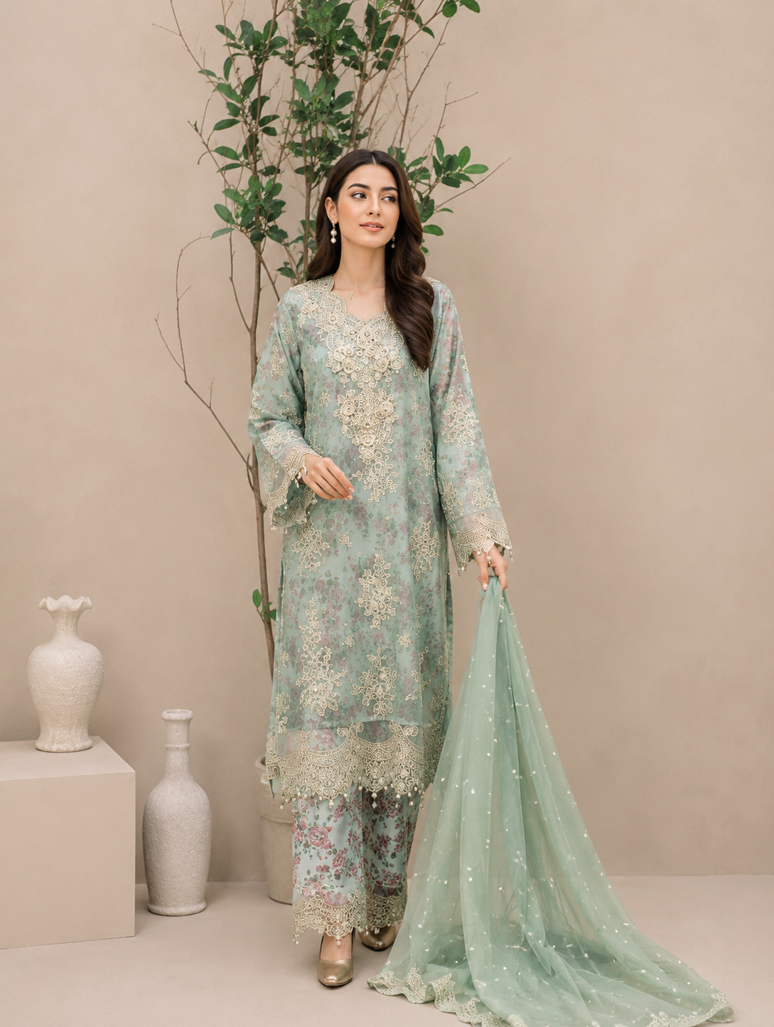 Mint Pistachio Printed Silk