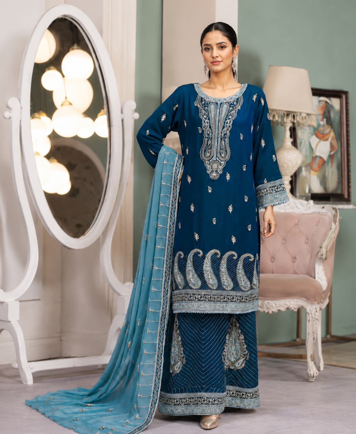 elegant zinc blue chiffon gharara set