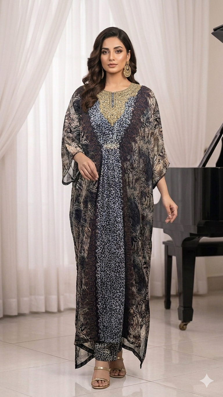 elegant cheetah print chiffon kaftan set
