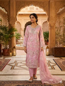 blush pink floral printed silk suit