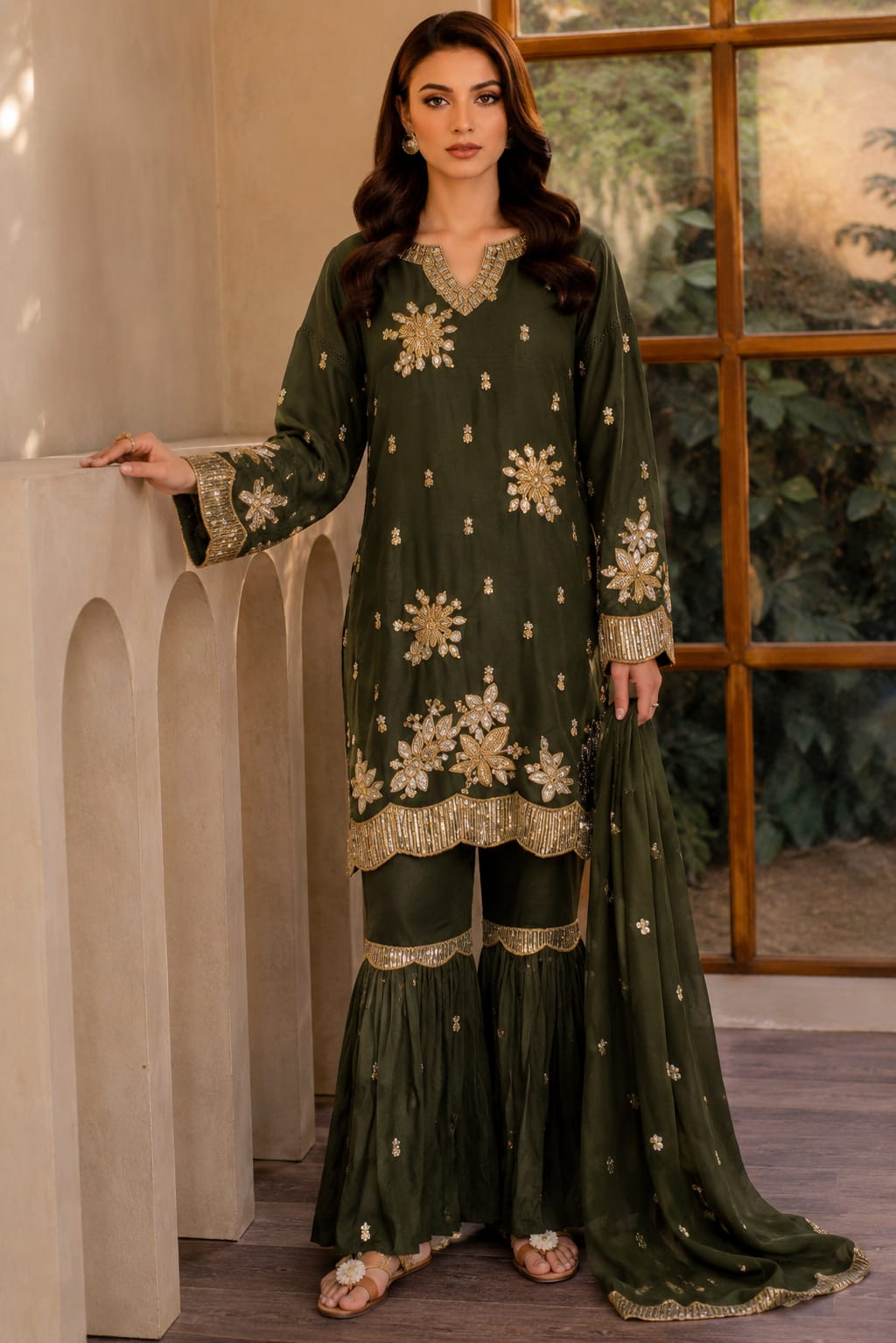 elegant olive green embroidered