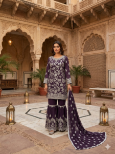 purple chiffon gharara suit