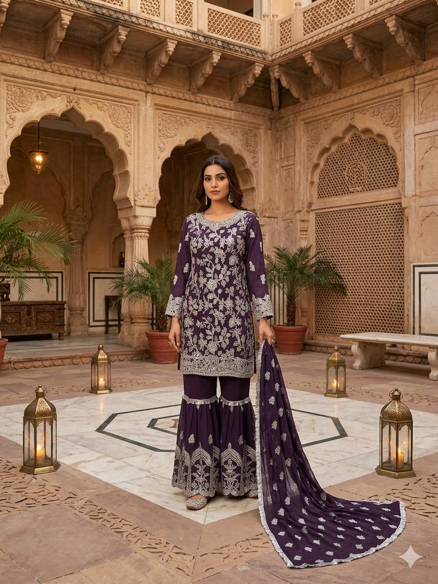 purple chiffon gharara suit