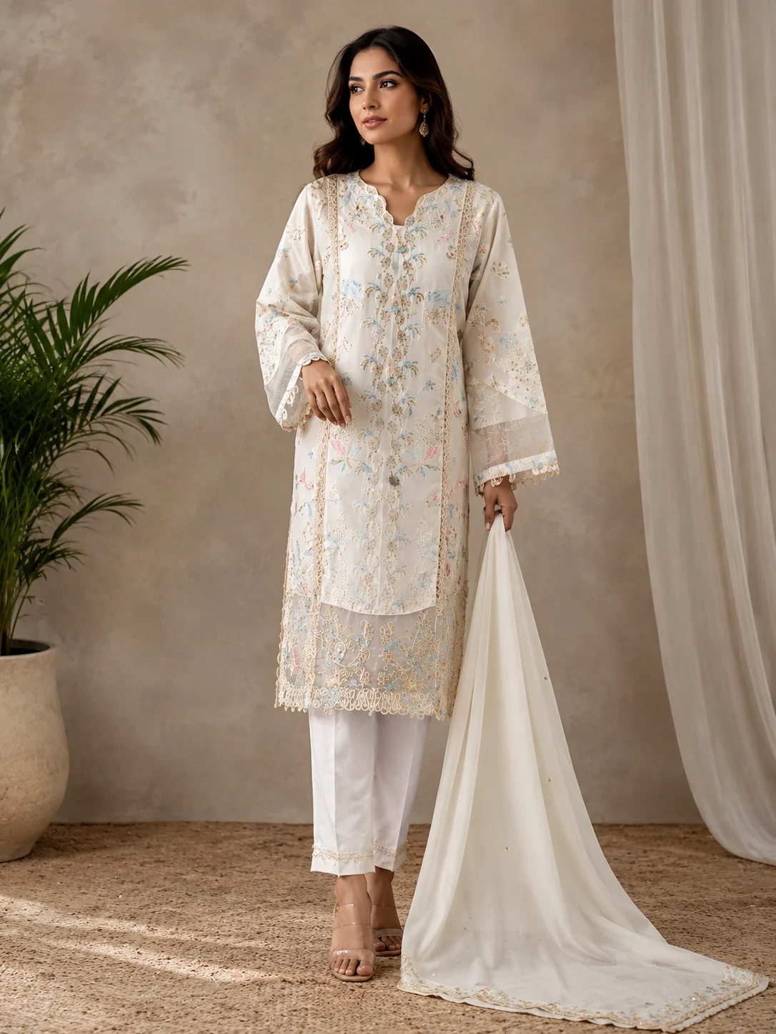 parrot green cotton embroidered suit