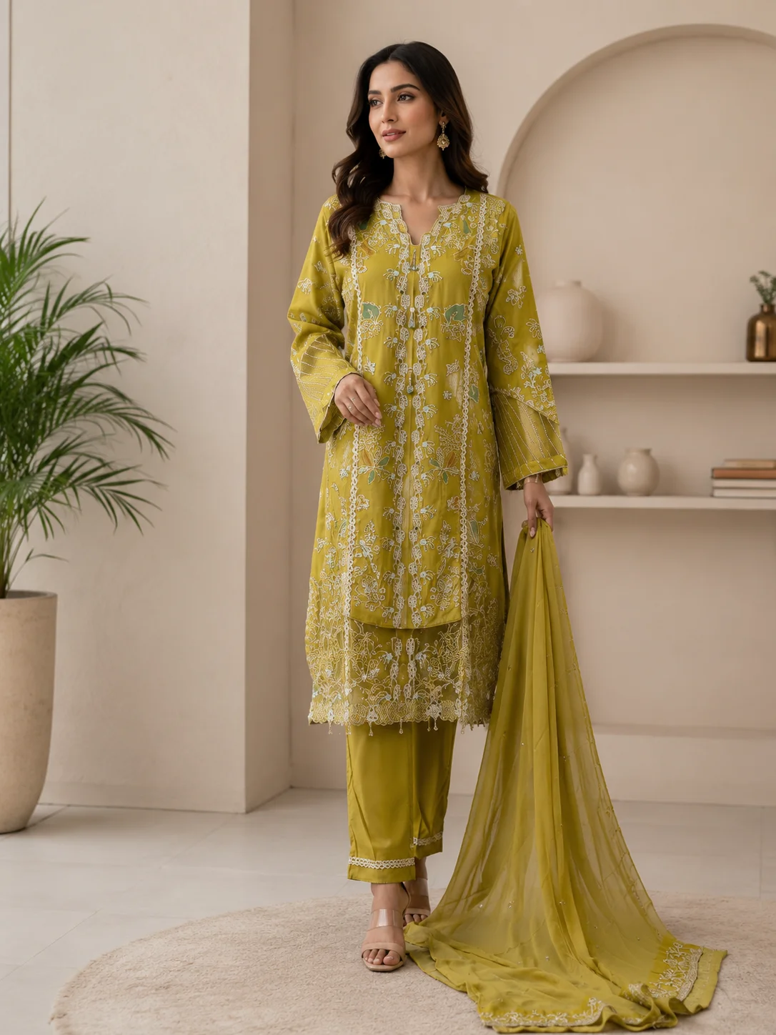 parrot green cotton embroidered suit