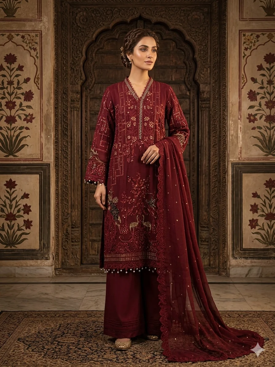 elegant skin & maroon chiffon 3 piece suit
