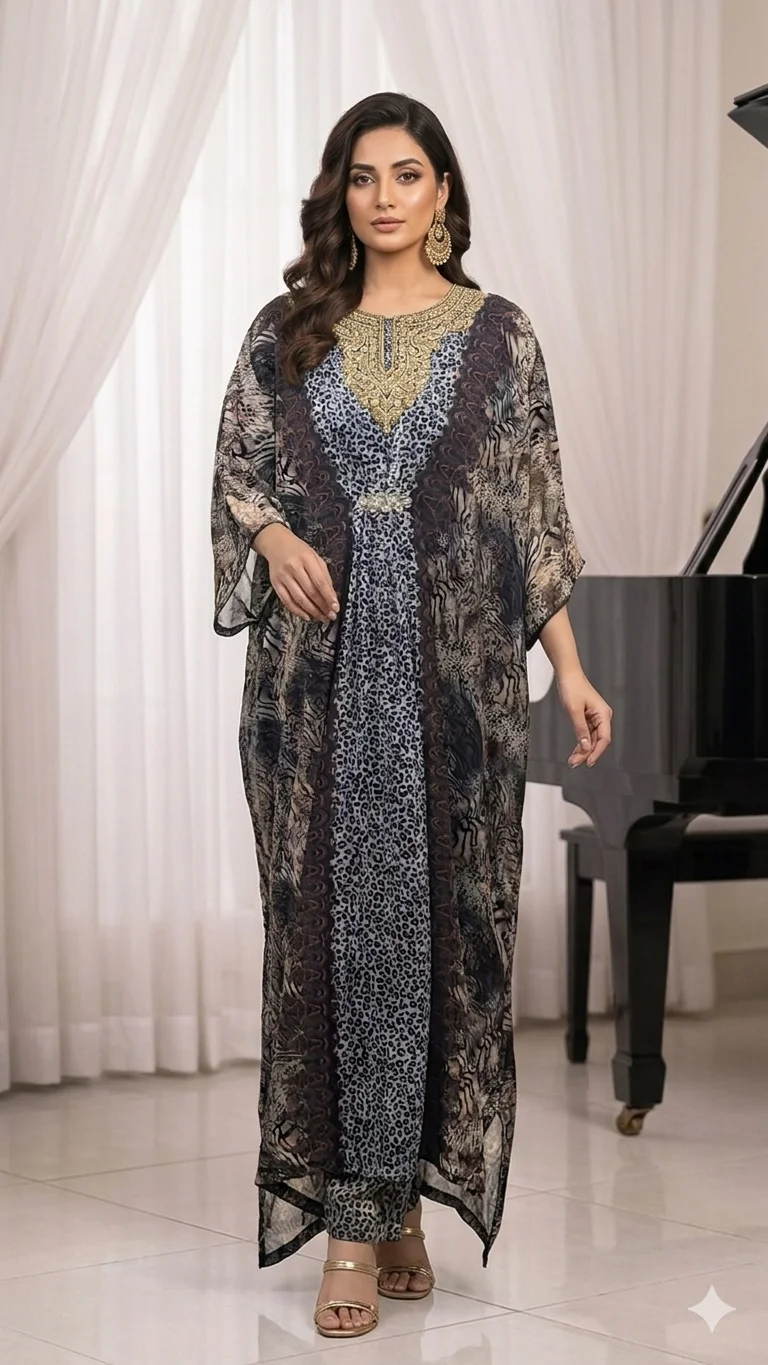 elegant cheetah print chiffon kaftan set