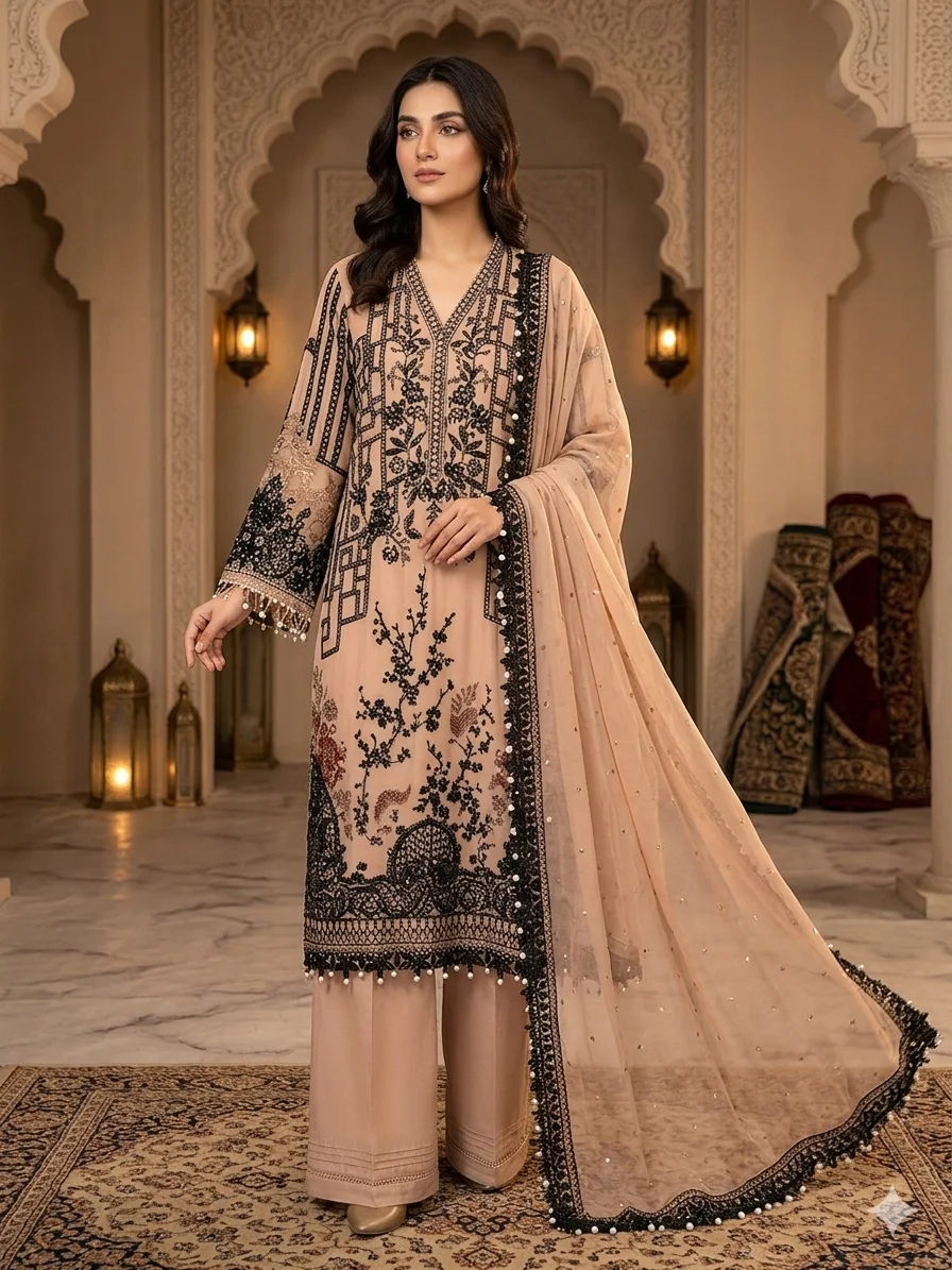Elegant Skin & Maroon chiffon 3-piece suit