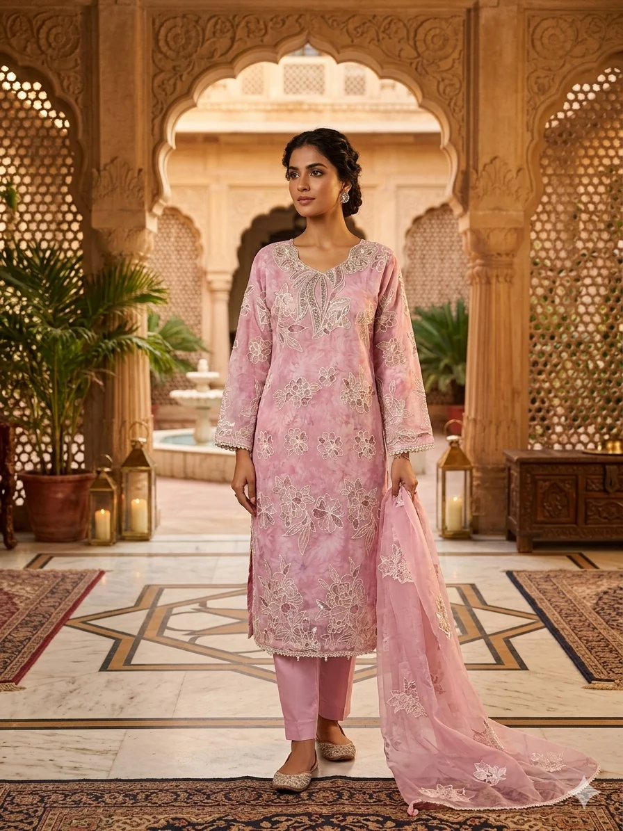 blush pink floral printed silk suit