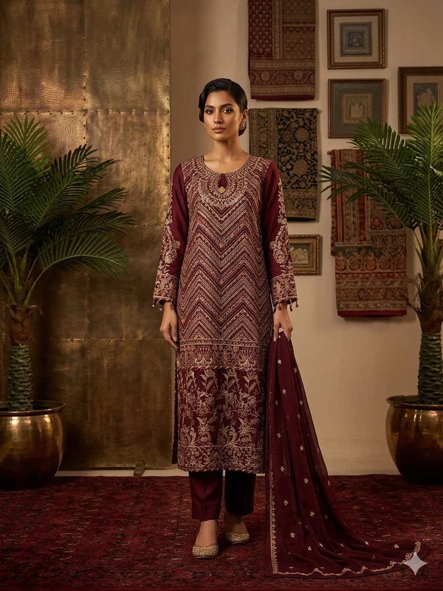 elegant maroon embroidered suit