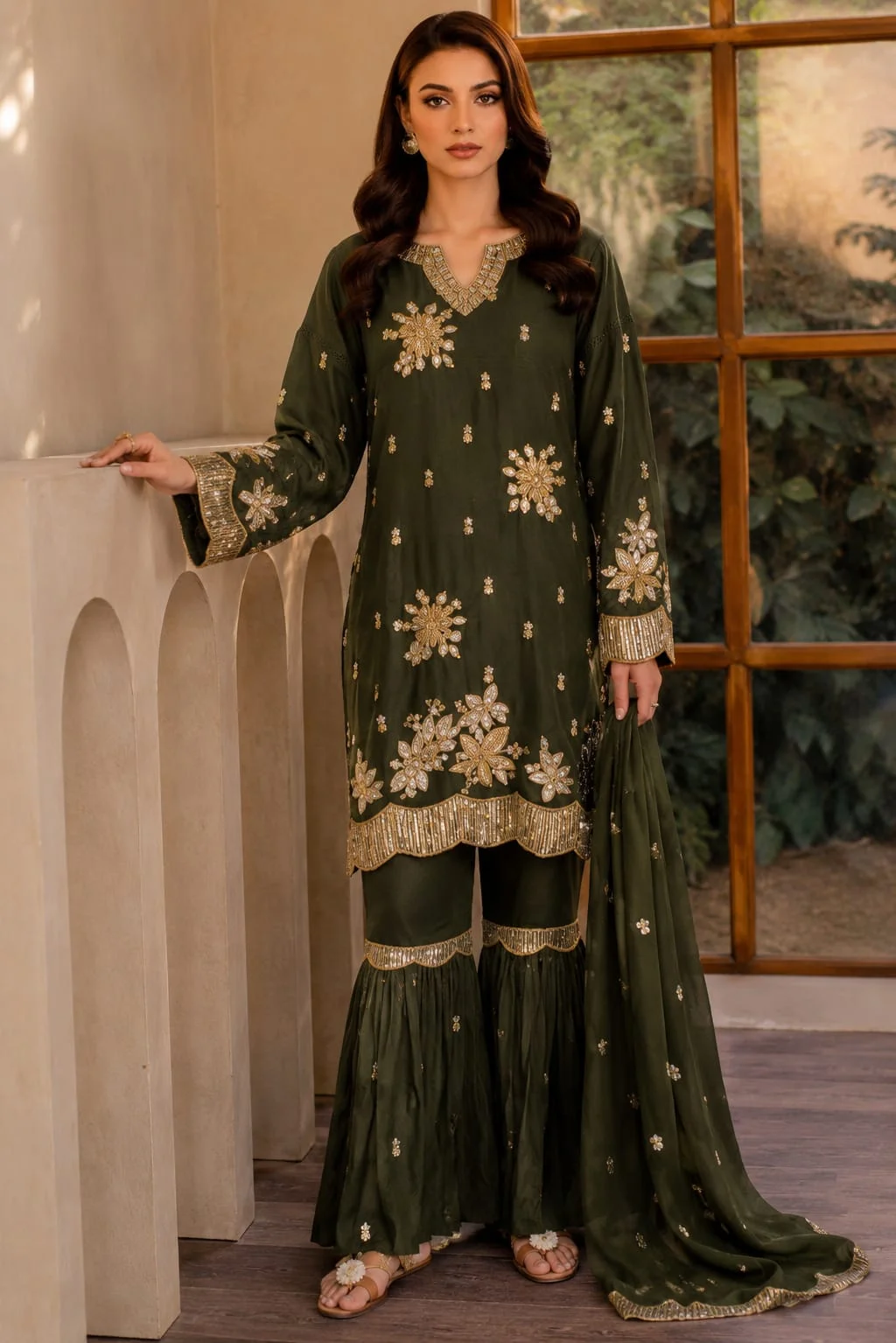 elegant olive green embroidered